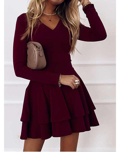 Ladies V-neck dress with ruffles and long sleeves Ivyshape