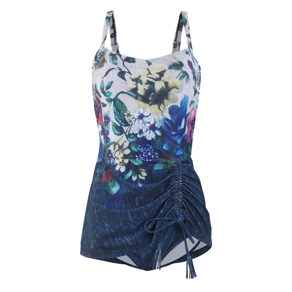Women's Elegant Tank Swimsuit with Asymmetrical Gathering and Floral Design Ivyshape