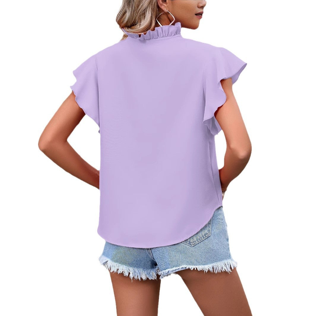 Ladies Ruffle Neckline Flutter Sleeve Blouse Ivyshape