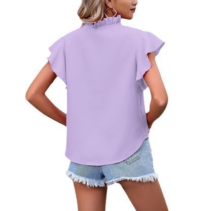 Ladies Ruffle Neckline Flutter Sleeve Blouse Ivyshape