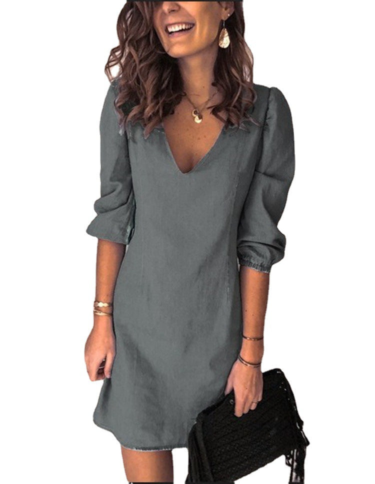 Ladies elegant V-neck short dress with puff sleeves Ivyshape