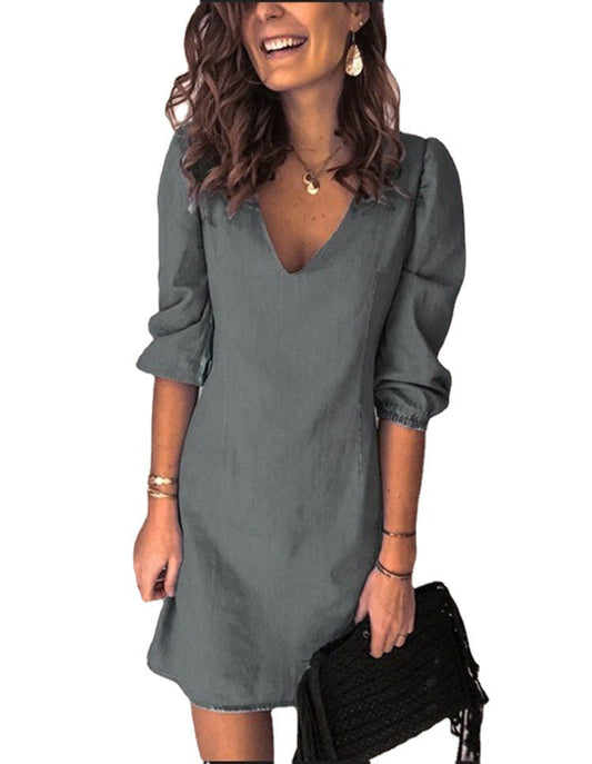 Ladies elegant V-neck short dress with puff sleeves Ivyshape