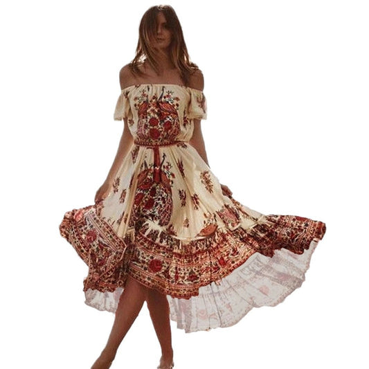 Women Off-the-Shoulder Bohemian Floral Maxi Dress Ivyshape