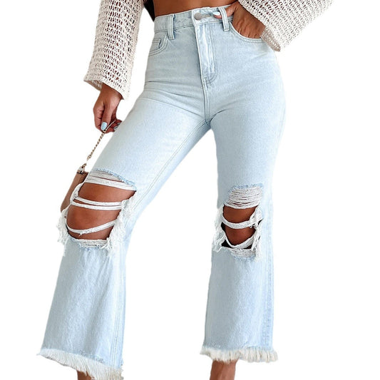 Women's Damaged High-Waisted Wide Leg Jeans Ivyshape