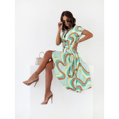 Women's maxi dress with modern geometric cut and waist belt Ivyshape