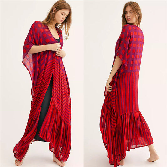 Women's airy beach cover-up with fringed hem and modern stripe details Ivyshape