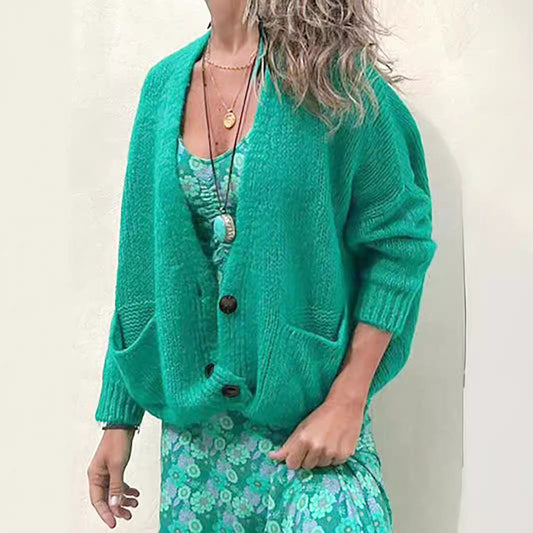 Women's casual knit cardigan with open cut and patch pockets Ivyshape