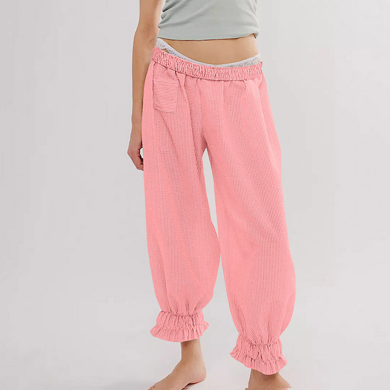 Women’s casual striped pants with elastic waistband and ruffle details Ivyshape