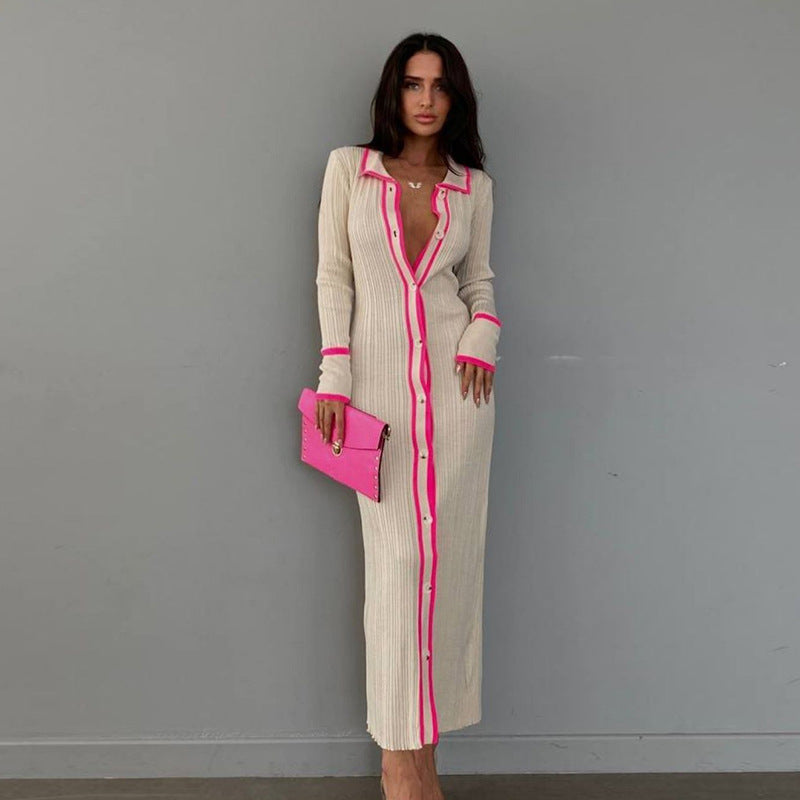 Women's knit maxi dress with contrast seams and button details Ivyshape