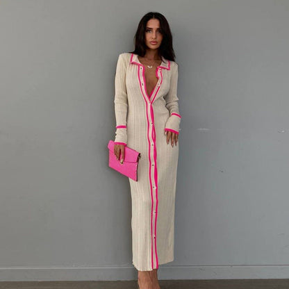 Women's knit maxi dress with contrast seams and button details Ivyshape