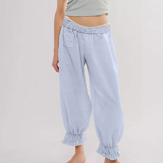 Women’s casual striped pants with elastic waistband and ruffle details Ivyshape