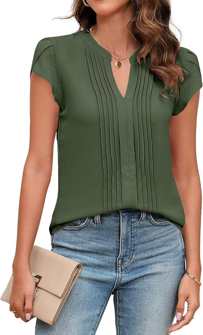 Women Pleated V-Neck Blouse Ivyshape