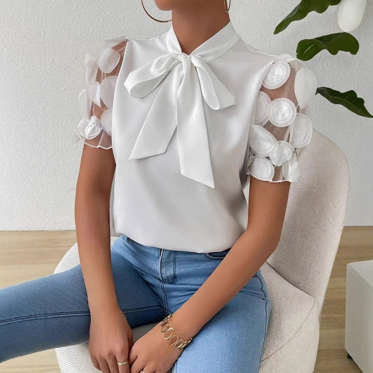 Women's blouse with transparent puff sleeves and chic bow Ivyshape