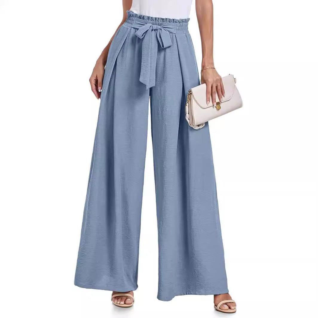 Ladies Wide High Waist Pants with Tie Belt and Elegant Style Ivyshape
