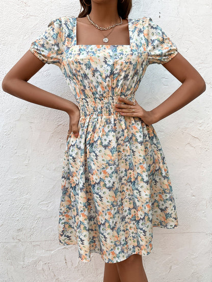 Ladies summer flower dress with elastic waistband and square neckline Ivyshape
