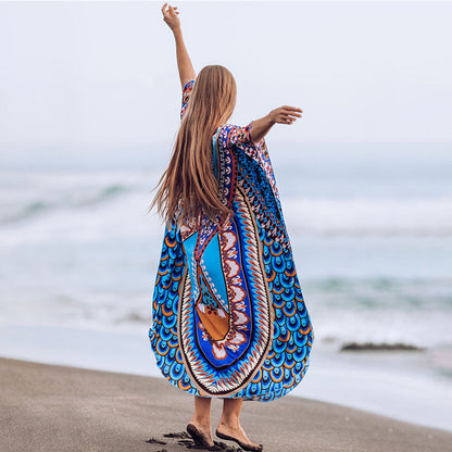 Women's airy kaftan with embroidered tropical motif Ivyshape