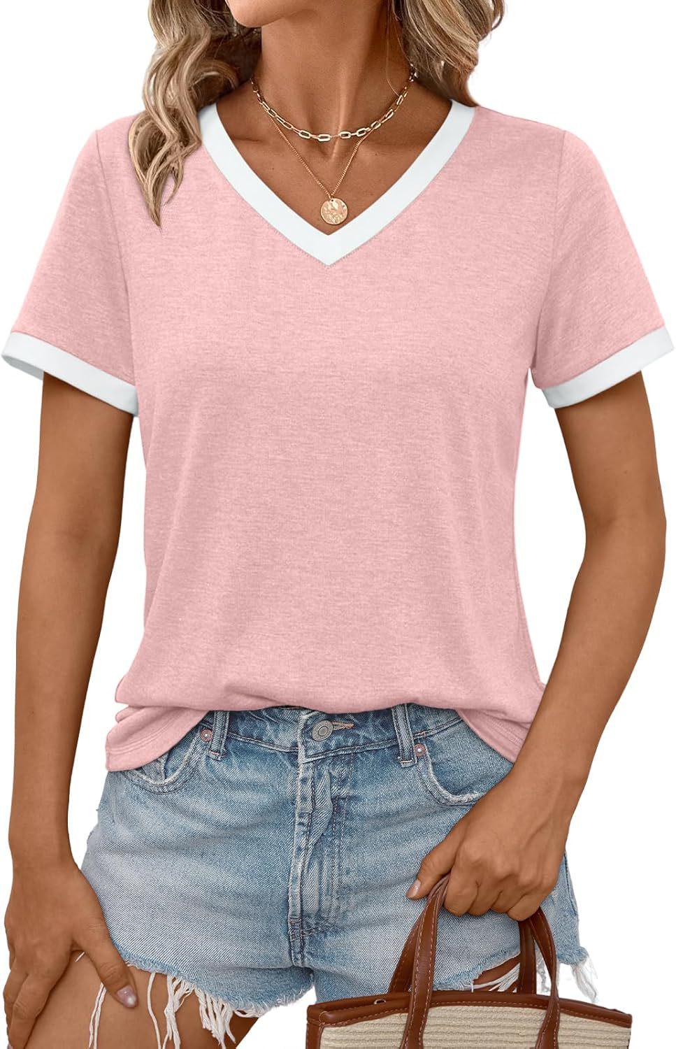 Women Casual V-Neck T-Shirt with Contrast Trim Ivyshape