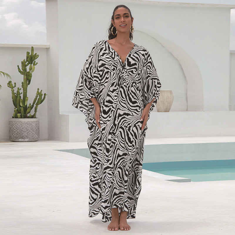 Women's Kaftan Dress with Elegant V-Neck and Wide Swinging Sleeves Ivyshape