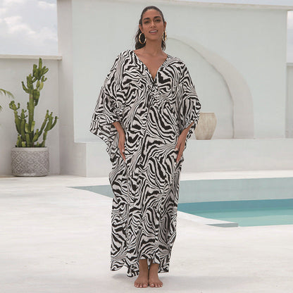 Women's Kaftan Dress with Elegant V-Neck and Wide Swinging Sleeves Ivyshape