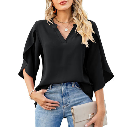 Women's Elegant Blouse with Asymmetric Sleeve and V-Neck Ivyshape