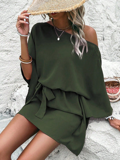 Women’s casual wrap dress with asymmetrical design and waist belt Ivyshape
