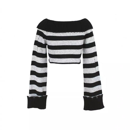 Women's Off-Shoulder Striped Sweater with Wide Sleeves Ivyshape