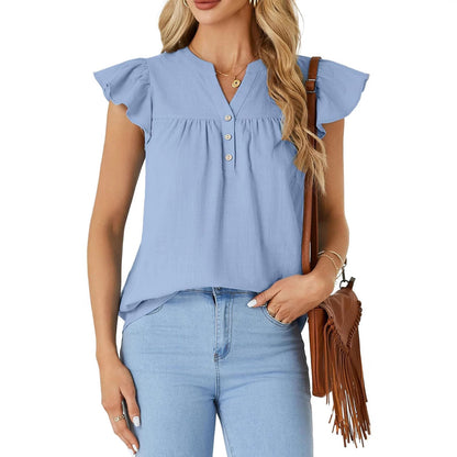 Women Lightweight Button-Front Flutter Sleeve Top Ivyshape