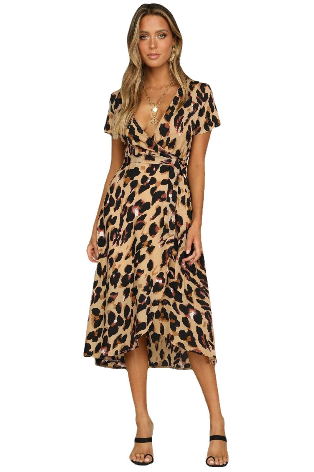 Women's wrap dress with fashionable leopard print and asymmetric hem Ivyshape