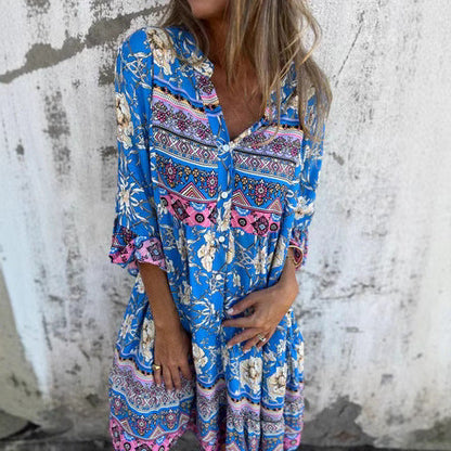Ladies Floral Print Button Closure Mini Dress Ivyshape