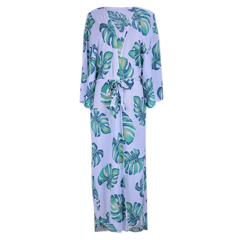 Women's beach kimono with modern leaf pattern and side slit Ivyshape