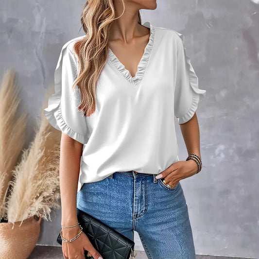 Ladies blouse with ruffle details and V-neck Ivyshape