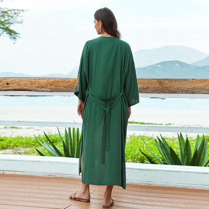 Ladies elegant beach kimono with intricate embroidery and deep V-neck Ivyshape
