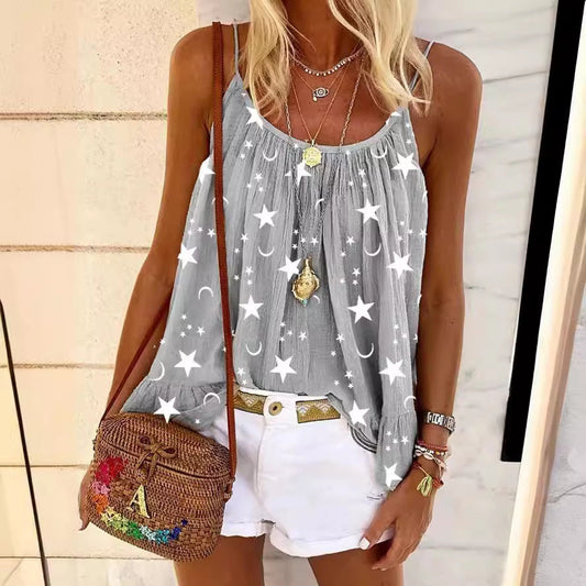 Women Star and Moon Pattern Sleeveless Top Ivyshape