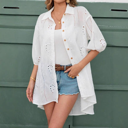 Ladies shirt jacket with floral embroidery design Ivyshape