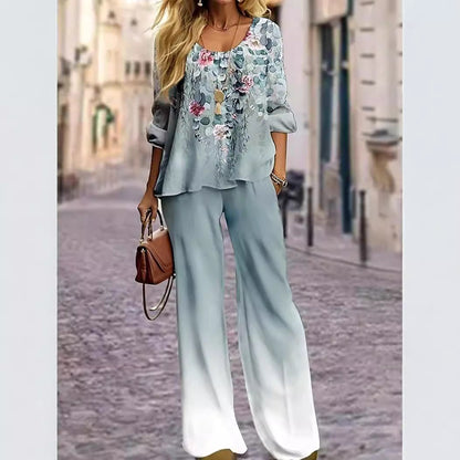 Women Bohemian Peacock Print Top and Wide Leg Pants Set Ivyshape