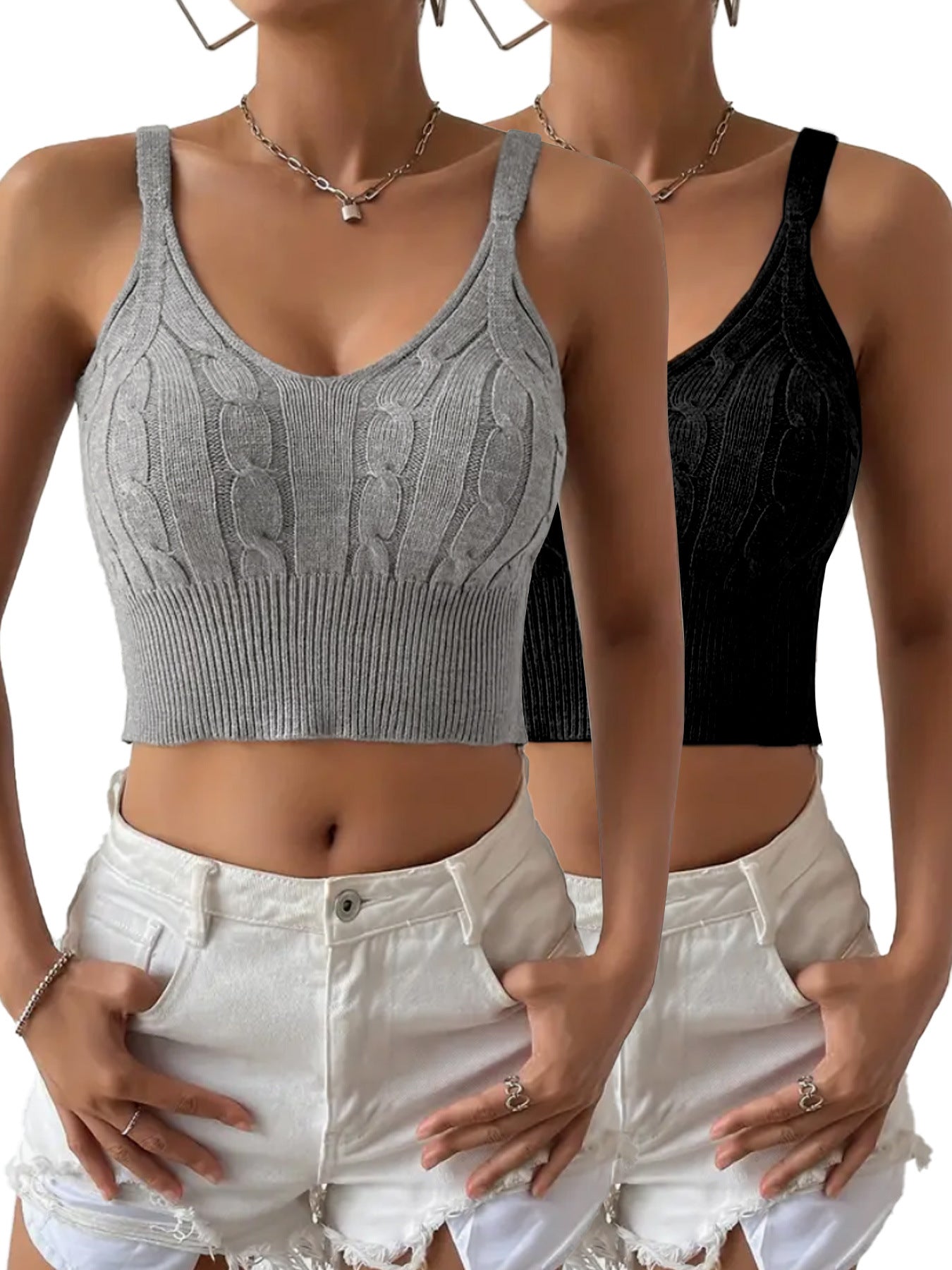 Women’s cropped knit top with deep V-neck and cable pattern Ivyshape
