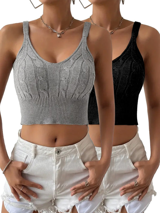 Women’s cropped knit top with deep V-neck and cable pattern Ivyshape
