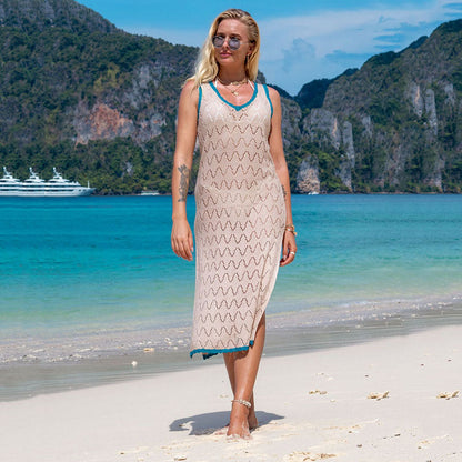 Women's elegant crochet beach cover-up with fringed accents and deep V-neck Ivyshape