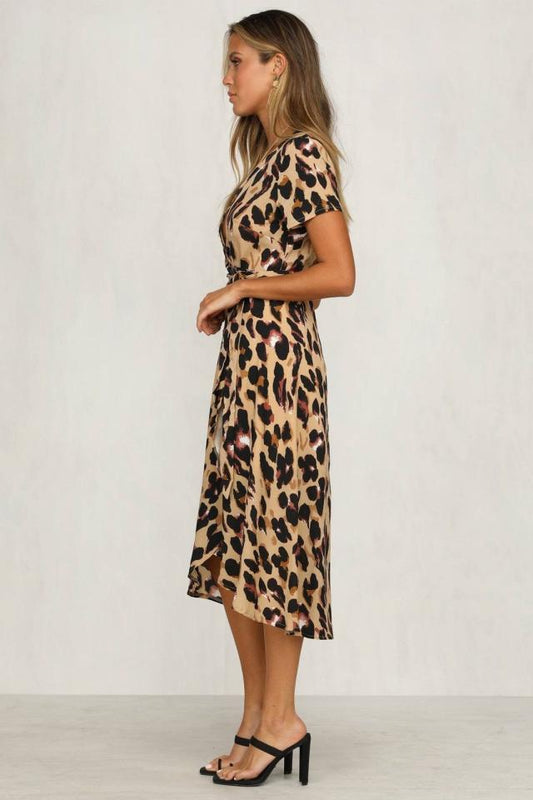 Women's wrap dress with fashionable leopard print and asymmetric hem Ivyshape