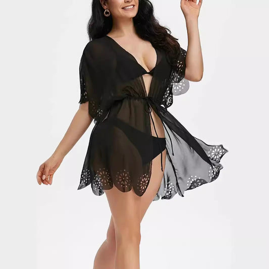 Women's transparent beach cover-up with floral cut and tie belt Ivyshape