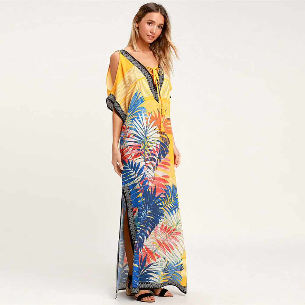 Women’s Maxi Kaftan with colorful pattern print and side slits Ivyshape
