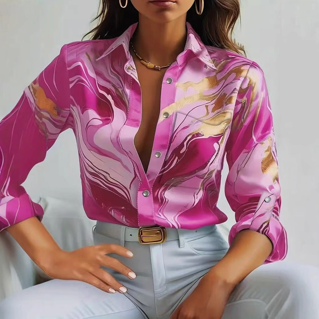 Ladies Elegant Blouse with Abstract Marble Pattern Ivyshape