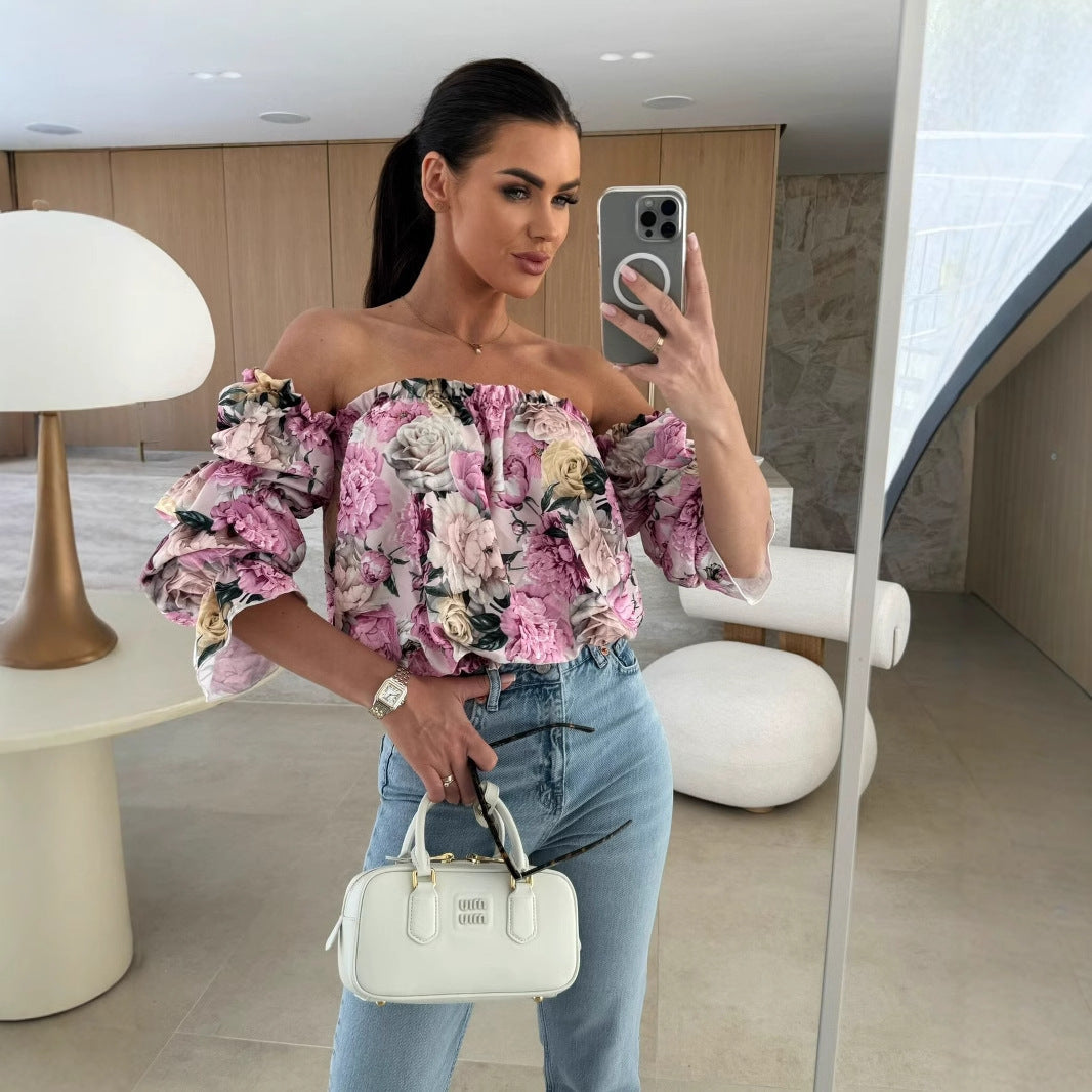 Women's Off-Shoulder Blouse with Voluminous Sleeves and Floral Design Ivyshape