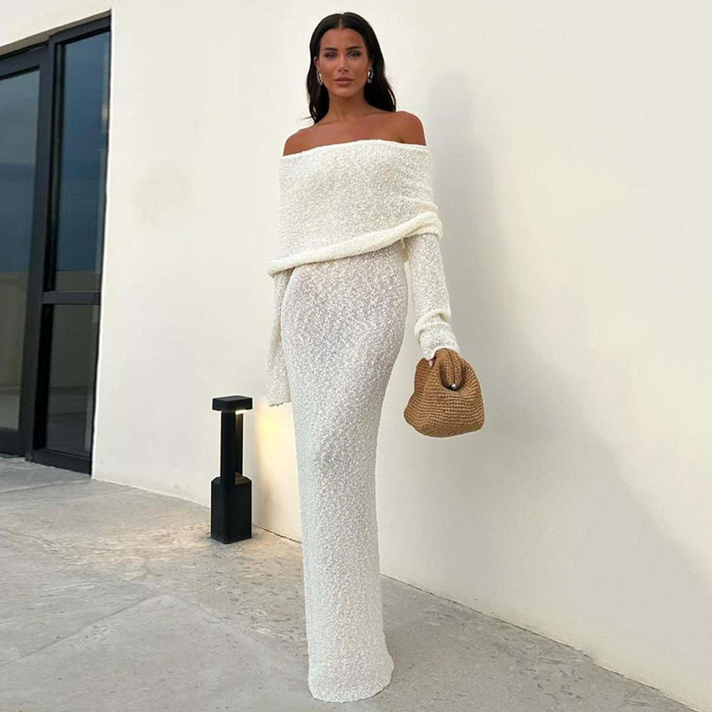 Ladies elegant maxi dress with off-the-shoulder top and fine knit pattern Ivyshape