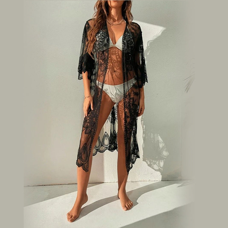 Women Transparent Crochet Beach Robe with Intricate Pattern Ivyshape