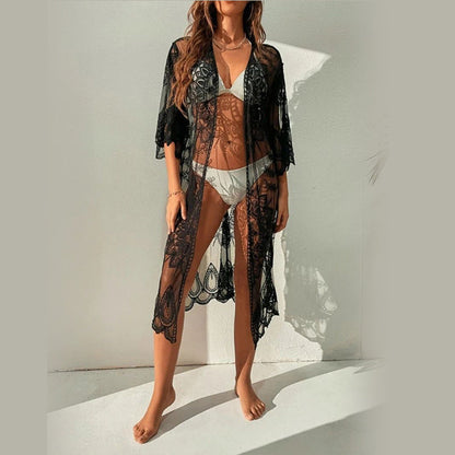 Women Transparent Crochet Beach Robe with Intricate Pattern Ivyshape