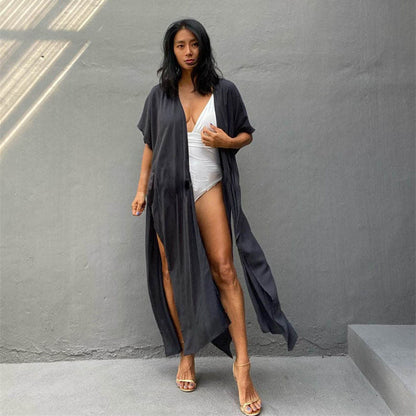 Women's Long Beach Cover-Up with Elegant V-Neck and Loose Fit Ivyshape