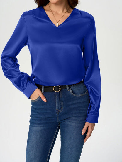 Ladies elegant V-neck satin top with long sleeves Ivyshape