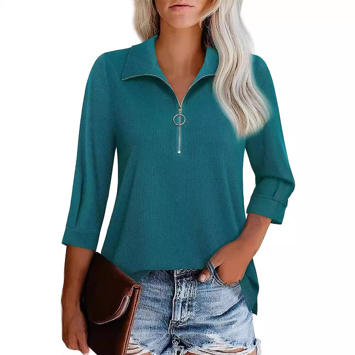 Women's Casual Sweatshirt with Short Zipper Placket and Fashionable Cut Ivyshape
