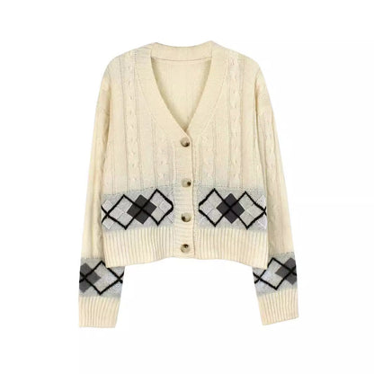 Women’s casual knitted cardigan with check pattern and cable pattern Ivyshape